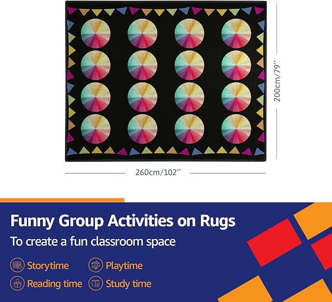 Classroom Rug Carpet Elementary School Nursery Library Circle Time Rug Non Slip Soft Washable Seating Reading Colorful Rolling Packing Teacher Rug (Multi Color, 8'6" x 6'7" (Rectangular))