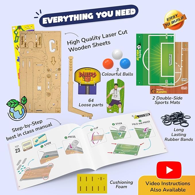 Smartivity 3in1 Basketball, Soccer, Bowling I Indoor Sports Game for Kids 6-12 Years Old I for Boys & Girls | DIY STEM Toy for Kids 6,7,8,9,10,11,12, Years I Wooden Construction Kit