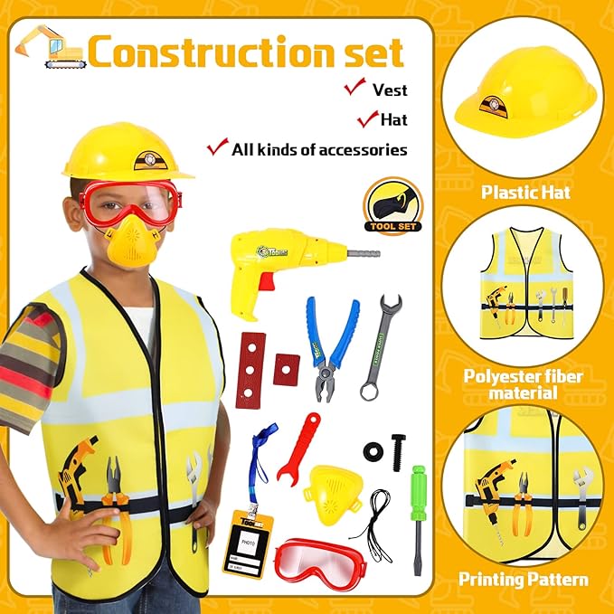 Deekin 3 Sets Kids Dress Up and Pretend Clothes with Plastic Toys for Toddler 3-7 Ages, Role Play Construction Worker, Chef, Explorer Dress Up Vest for Boys Girls Costumes Accessories Play