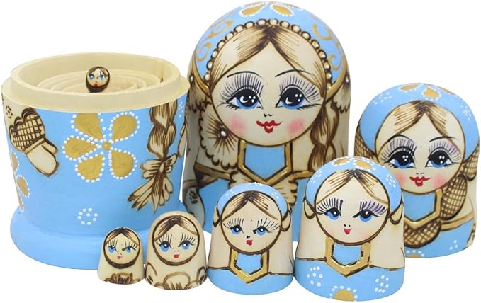 Winterworm® Cute Little Girl with Big Braid Handmade Matryoshka Wishing Dolls Russian Nesting Dolls Set 7 Pieces Wooden Kids Gifts Toy Home Decoration Sky Blue