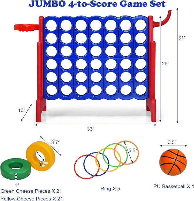 Costzon Giant 4-in-A-Row, Jumbo 4-to-Score Giant Game w/Basketball Hoop, Ring Toss, Quick-Release Slider, 42 Jumbo Rings, Indoor Outdoor Family Connect Game for Kids & Adults, Backyard Games, Red