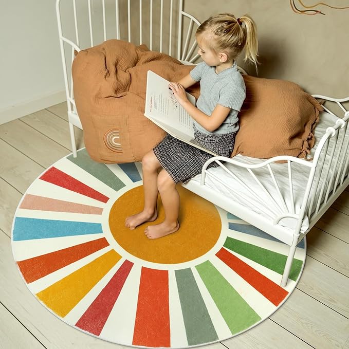 STARUIA Small Round Rug 4 Ft Washable Round Rug for Kids Room, Colorful Sun Circle Rug for Playroom, Non-Slip Circular Office Carpet Soft Rainbow Rug for Bedroom Reading Corner Dorm