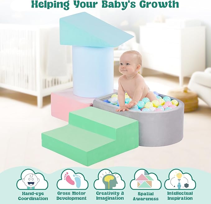 Climbing Toys for Toddlers 1-3 Inside, Baby Foam Climbing Blocks with Ball Pit for Toddlers, 5-Piece Soft Play Climbing Blocks, Indoor Climb Crawl Activity Play Set, Birthday Gift (Balls not Included)