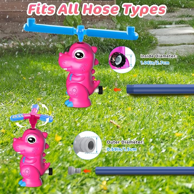 4-in-1 Dinosaur Water Sprinkler Baseball Toys, 360° Roating Spray Water Play Game, Water Splashing Toy for Kids Outdoor, Summer Backyard Lawn Pool Party Fun for Boys Girls (Pink)
