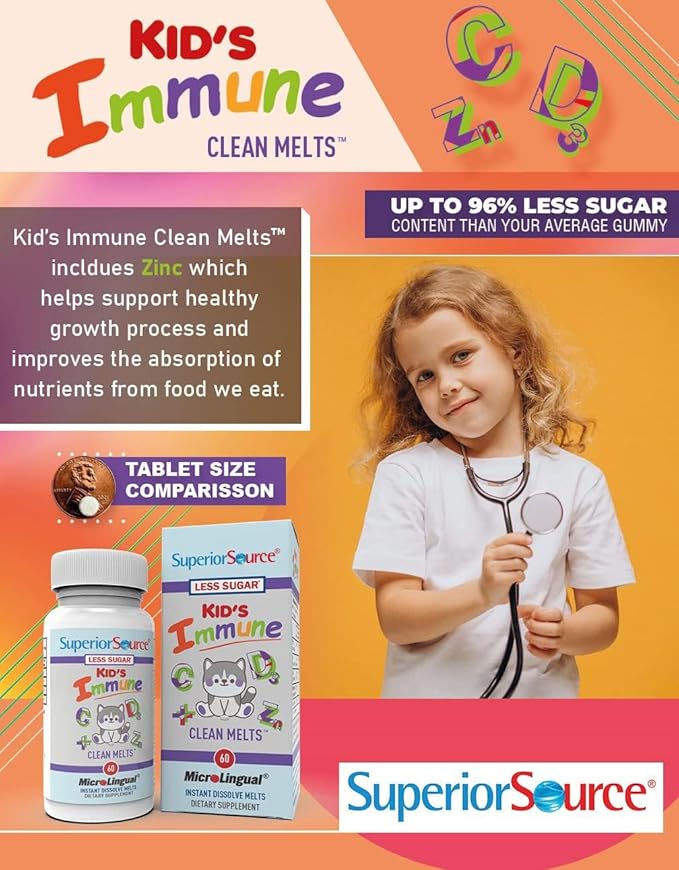 Superior Source Kid's Immune Clean Melts - Immunity Support Supplement - Contains Vitamin C, Vitamin D3, Zinc & Elderberry Extract - Non-GMO & Gluten-Free - 60 MicroLingual Dissolvable Tablets