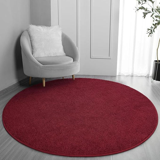 FlyDOIT Round Area Rugs for Bedroom Living Room, 6x6 Rose Red Super Soft Comfy Thickened Memory-Foam Indoor Circle Carpets, Modern Aesthetic Minimalist Carpet for Boys Girls Adults Nursery Home Décor