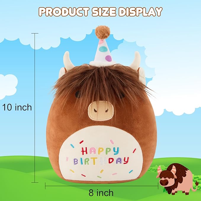 SQEQE Happy Birthday Highland Cow Plush Cute Cow Stuffed Animal Toy Brown Cow Plushies Doll Home Decor for Kids Girls Boys(Cow, 10 Inch)