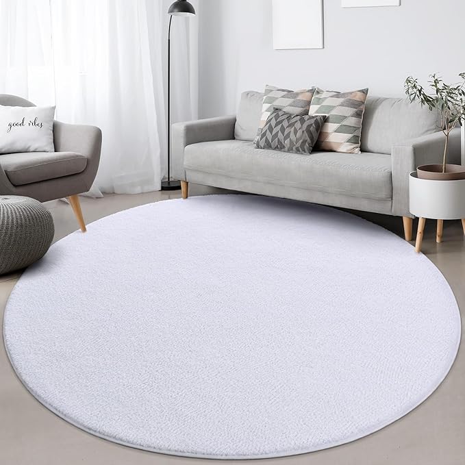 FlyDOIT Round Area Rugs for Bedroom Living Room, 4x4 White Super Soft Comfy Thickened Memory-Foam Indoor Circle Carpets, Modern Aesthetic Minimalist Carpet for Boys Girls Adults Nursery Home Décor