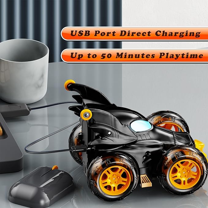 Bat Remote Control Car for Boys, 360° Rotating 4WD Stunt RC Cars with Cool Lights, Rechargeable Car Toys Birthday Gifts for Kids Boy Age 3 4-6 6-8