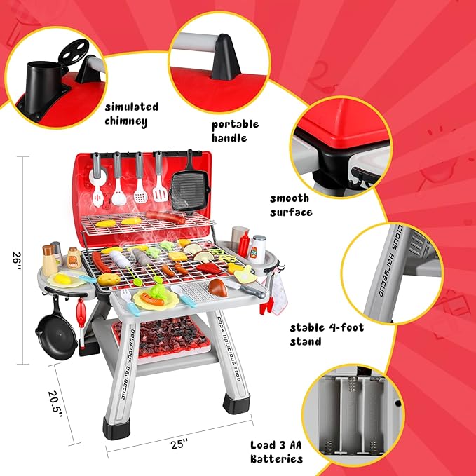 41Pcs Toy Grill Kids Grill Playset with Sound & Light for Toddlers - Kids BBQ Grill Playset for Indoor and Outdoor Kitchen Playset for Kids