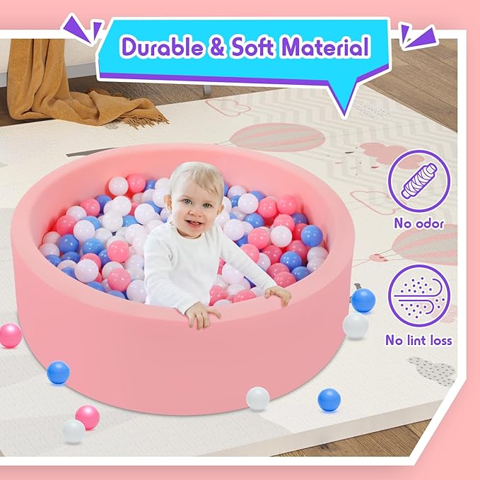 Foam Ball Pit for Toddlers with 100 Balls, Large Baby Ball Pit for Babies with Soft Memory Sponge, Indoor Outdoor Baby Playpen, Kids Play Ball Pool (Pink with 100 Balls, 34 x 11.5 Inch)