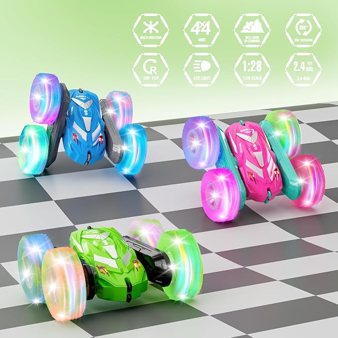 Remote Control Car for Boy 6-12 with Flashing Light, 6 7 8 9 Years Old Boy Toys, Race RC Cars Stunt Drift 4WD 2.4Ghz Double Sided 360° Flip, Boys Gift Idea for Kids Birthday Christmas, Green