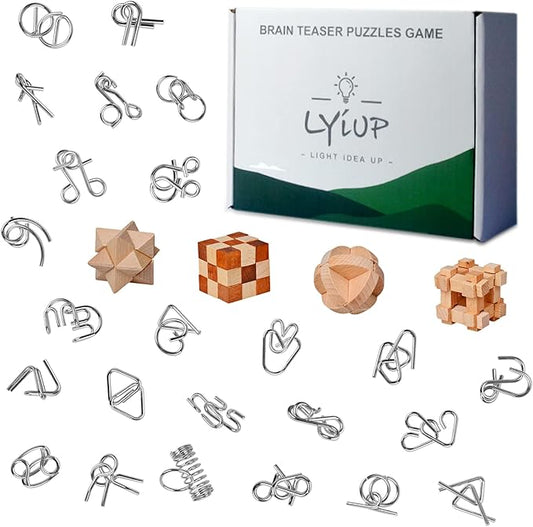 Brain Teaser Puzzles - 28 Pc Mind & IQ Puzzles, Wooden & Metal, 3D, Unlock Interlock, for Teens