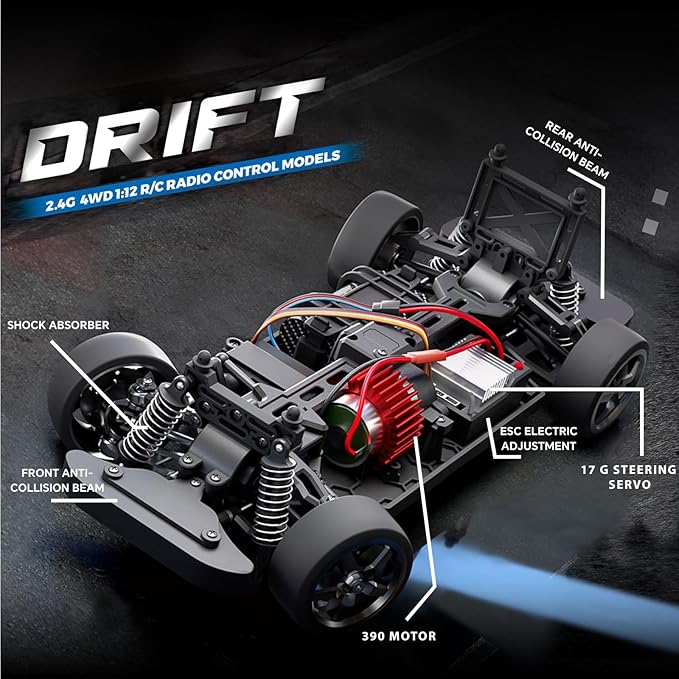 Scale RC Drift Car, 2.4Ghz 4WD RC Race Car with Gyro, LED, 2 Rechargeable Batteries - Hobby RC Cars for Boys