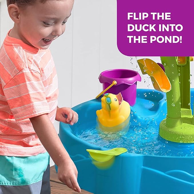 Step2 Summer Showers Splash Tower Water Table for Kids, Outdoor Kids Water Sensory Table, Ages 1.5+ Years Old, 8 Piece Water Toy Accessories, Blue & Green