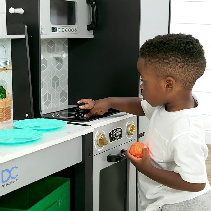 Delta Children Gourmet All-in-One Corner Play Kitchen - Toy Kitchen Playset with Safe & Heatless Stove with Lights, Oven, Sink, Fridge/Freezer with Ice Maker and 20 Accessories, Grey