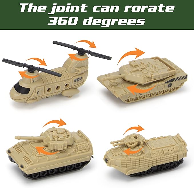 Army Toys, Military Airplane Tank Toy Sets with 13 Vehicles, Trucks, Helicopter, Fighter Jet, Play Mat with Army Men Action Figures and Accessories, Birthday Gift for Boys