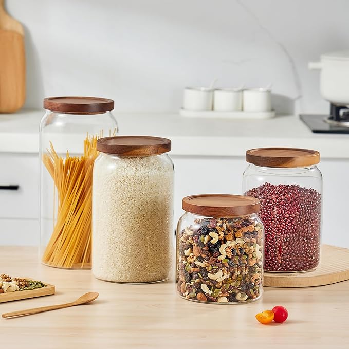 Sweejar Large Glass Candy Jars with Wooden Lids, 1 Gallon Glass Jar with Lid, Sugar/Flour Storage Containers, Big Glass Canisters with Airtight Lid, 2 Pack, Hand Lid