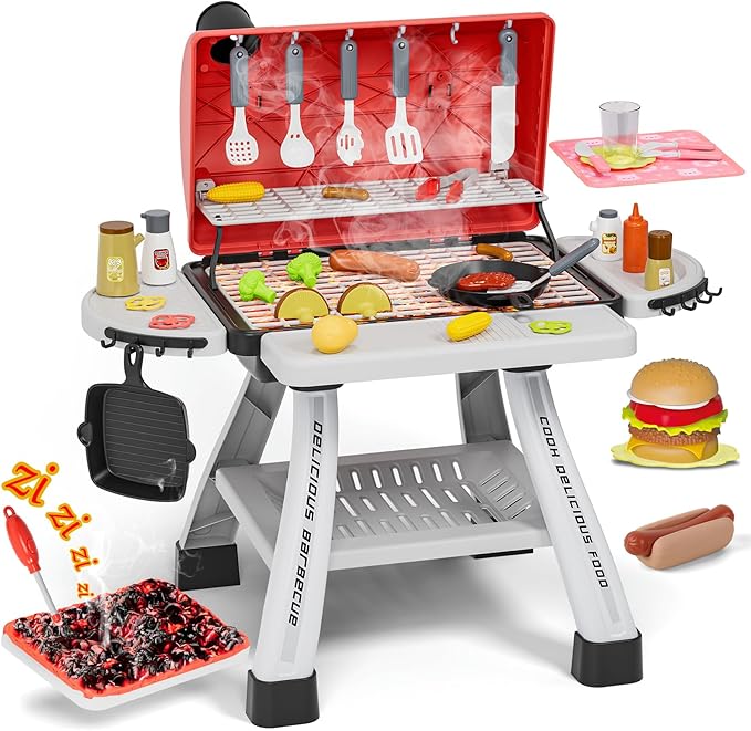 Kids Toys Kitchen Playset, BBQ Grill Playset with Smoke, Sound & Light, Toy Grill for Kids, Pretend Play Food Hamburger, Interactive Toys Barbecue Cooking Game for Toddlers Boys Girls 3-5