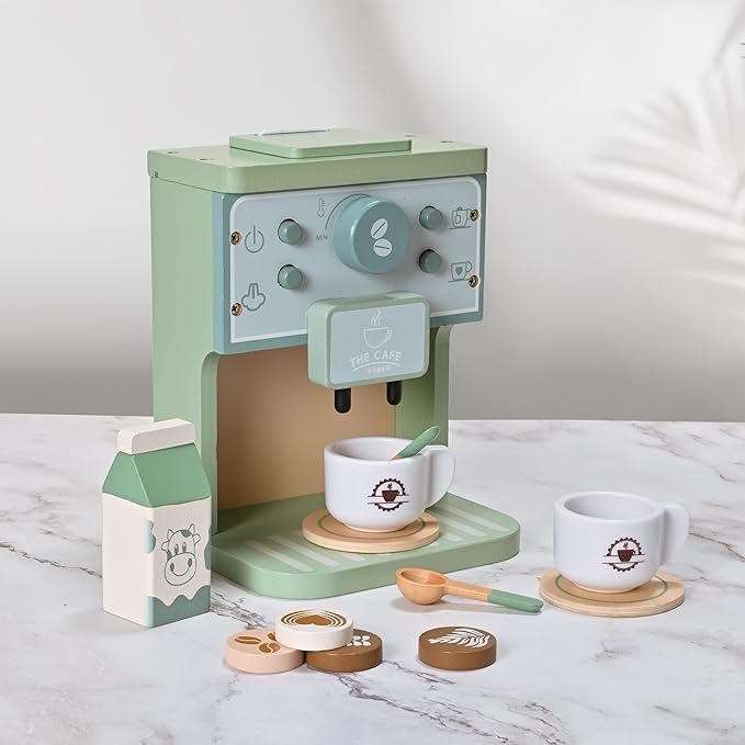 Kids Wooden Toys Toddler Pretend Play Kitchen Accessories Green Coffee Maker Espresso Machine Playset Montessori Kitchen Toy Gift for Girls and Boys