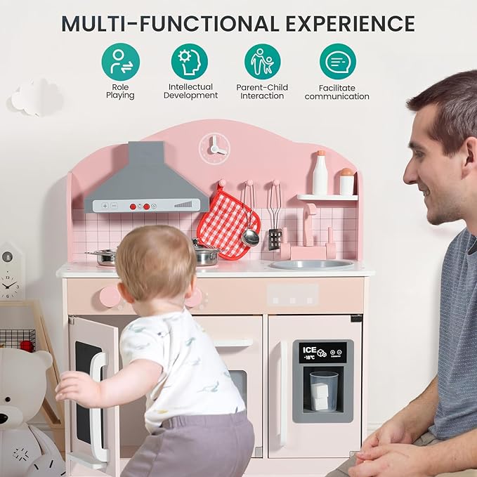 BlueWood Wooden Kids Kitchen Playset for Toddlers Ages 3-8, with Induction Hob, Oven, Ice Maker, Hood, and Tap - Châtelet Creamy Pink