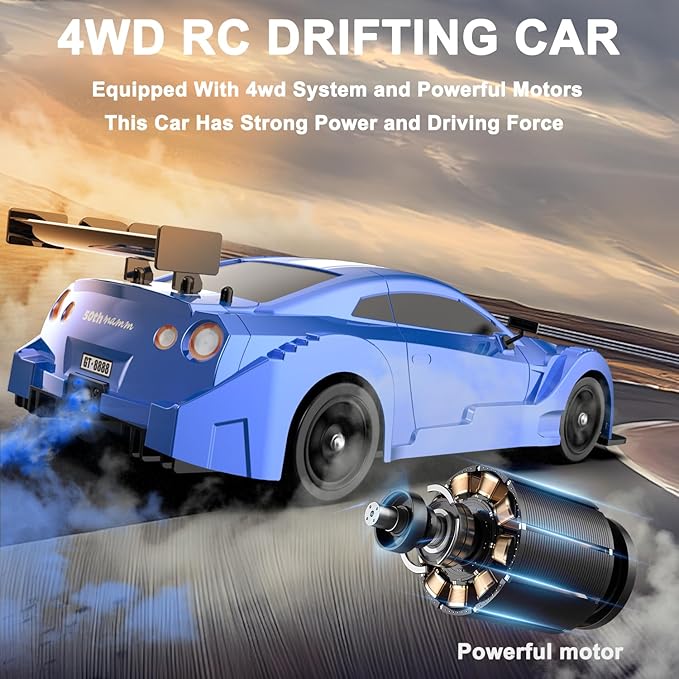 Remote Control Car RC Drift Car 1:16 Scale 4WD 18KM/H High Speed Model Vehicle 2.4GHz with LED Lights Spray Rubber Tire Racing Sport Toy for Adults Boys Girls Kids Gift 2Pcs Rechargeable Batteries