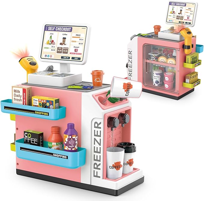 46PCS Cash Register Playset for Kids Pretend Play Coffee Machine with Water Outlet Function, Mini Supermarket Grocery Store with Money, Scanner,Play Foods, Gift for Boys and Girls (Pink)