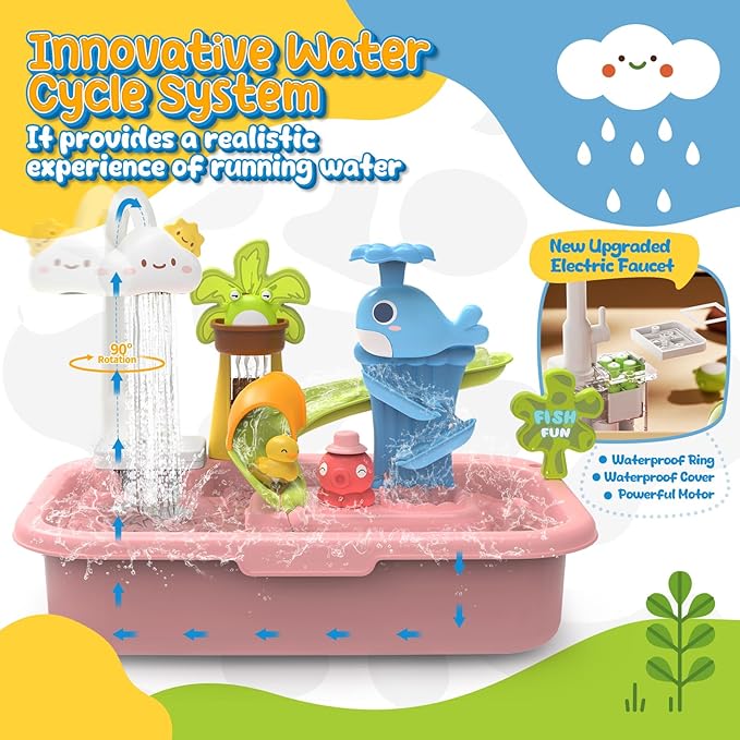 Play Sink with Running Water, 4-IN-1 Kids Kitchen Sink Toys with Electric Faucet, Water Table Floating Pool Toy w/ Fishing Game, Duck Slide, Pretend Play Dishwasher Set for Toddler Boys Girls (Pink)