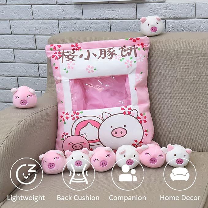 ARELUX Cute Pig Plush Pudding Pillow:Snack Pillow Toys Bag Removable Stuffed Animal 8Pcs Sets Creative Plush,Soft Sakura Pig Plushie Throw Pillow,Dolls Friends Family Member