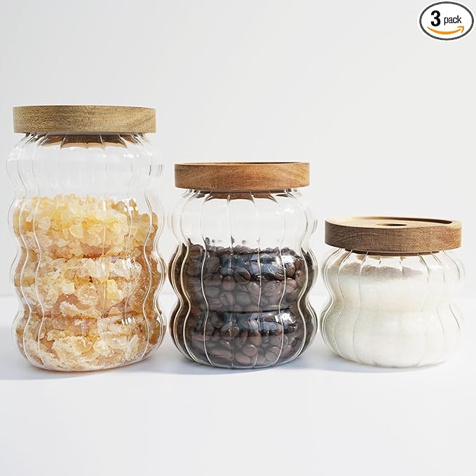 Glass Jar with Wood Lid Cute Decorative Glass Jars Canisters for Nut Coffee Sugur Glass Storage Jar Sets of 3 Size Clear Strip for Kitchen Storage Decor Gift for Christmas (12/20 /27oz)