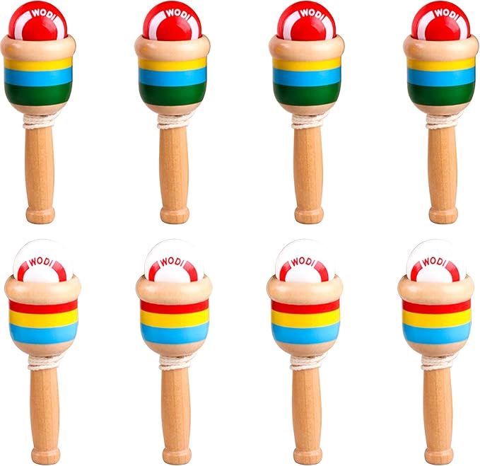 8 Packs Wooden Catch Ball Game Ball Catching Cup Vintage Catch Game for Kids Hand Eye Coordination Educational Game, White and Red