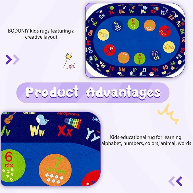 ABC Alphabet Numbers Classroom Rug, 6ft × 9ft Large Oval Preschool Rugs, Kids Carpet for Playroom Daycare Room Play Area Bedroom Living Room, Toddler Early Learning Carpets