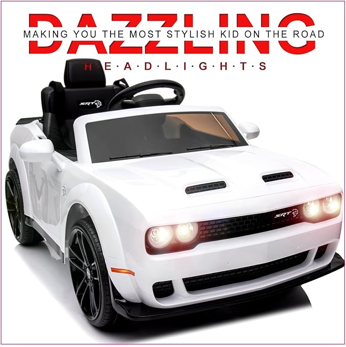 Kids Electric Car | Licensed Dodge Challenger Ride-On 12V Battery-Powered Vehicle with Remote, LED Lights, Bluetooth, MP3 for Boys and Girls, White