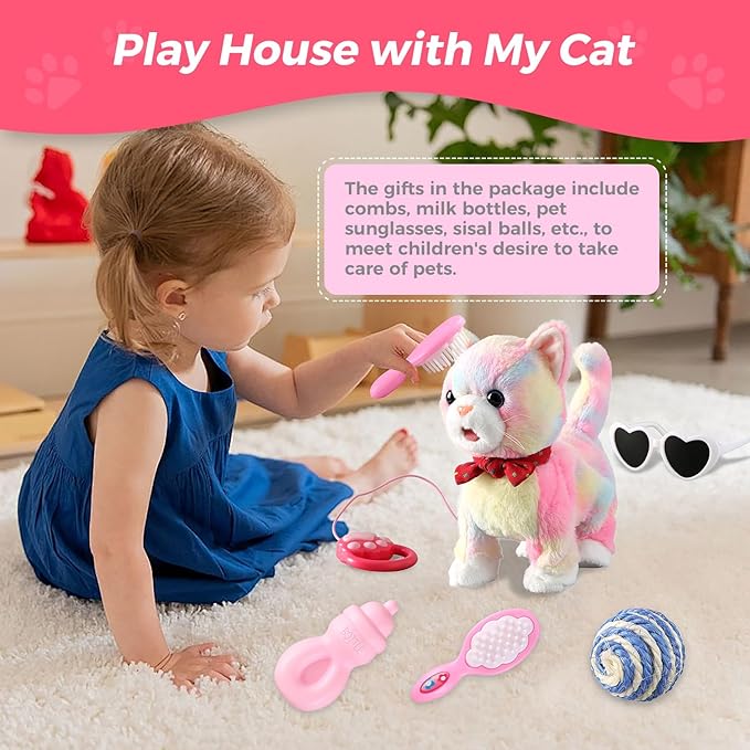 Colorful Leash Walking Cat Set Toy Interactive Talking Cat Singing Dancing Kitten Mimicking Repeat What You Say Kitty Touch and Voice Control Nodding Wagging Tail Plush Electric Robot for Kid Girl
