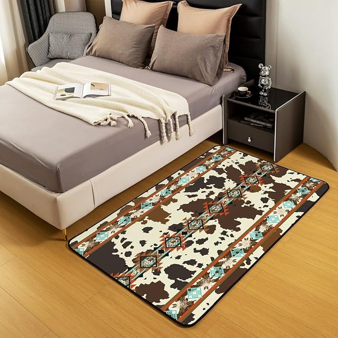 Erosebridal Cowhide Area Rug 4x5, Brown Highland Cow Print Rug, Western Non Slip Exotic Aztec Carpet for Bedside, Farmhouse Wild Animals Longhorn Skin Cowboys for Men