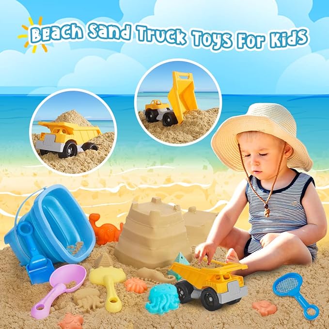 Beach Toys, 23Pcs Sand Toys, Sandbox Toys with Dump Truck, Collapsible Sand Bucket, Shovel Set, Sand Castle Kit, Animal Dinosaur Molds, Mesh Bag, Travel Toys for Kids Toddlers Boys Girls
