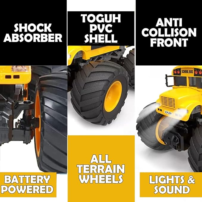 Remote Control Monster Truck - 1:18 Scale RC Fire Truck, 2.4GHz Big Wheel School Bus with Lights, Sounds, Rechargeable Electric Toy Stunt Jam Car for Kids, Boys, Girls (School Bus)