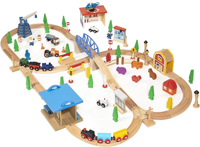 inc. 100 Pc Wooden Train Set, Wood Tracks, Bridges, 2 Trains, Helicopter, Buildings, Police Car, More Railway Accessories Compatible with Thomas & Friends, Brio, Other Major Brands