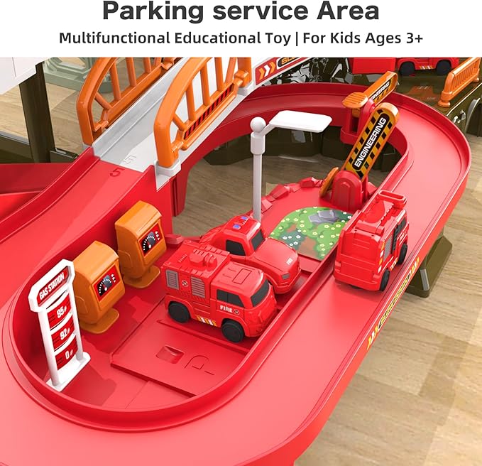 52PCS Fire Rescue Adventure Track Playset for Kids Ages 3+, Electric Ladder, 3 Mini Cars&one Airplane, Multi-Level Tracks with Lights & Sounds, Obstacles & Role Play, Gift for Boys & Girls