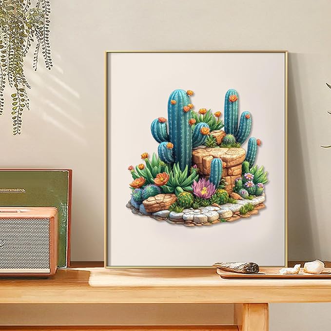 Succulent Cactus Wooden Puzzles for Adults, 500 Pieces Jigsaw Puzzles, Unique Shaped Medium Size Liberty Wood Puzzle Gift for Adults and Kids, Family Game 16.7'' x 16.2''