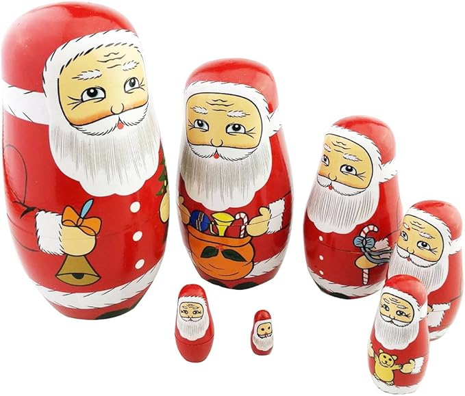 Winterworm Cute Creative Santa Claus's Bringing Kinds of Gifts to You Pattern Handmade Wooden Matryoshka Dolls Russian Nesting Dolls Set 7 Pieces for Kids Toy Birthday Home Decoration