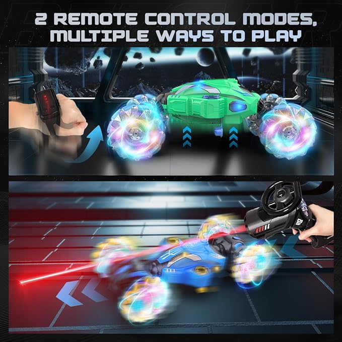 BEZGAR Remote Control Car Toy for Ages 8-13, Large Gesture Sensing RC Stunt Car with Lasertracking, Lights & Music, 4WD All Terrain Crawler with 2 Rechargeable Batteries, Birthday Gifts for Boys