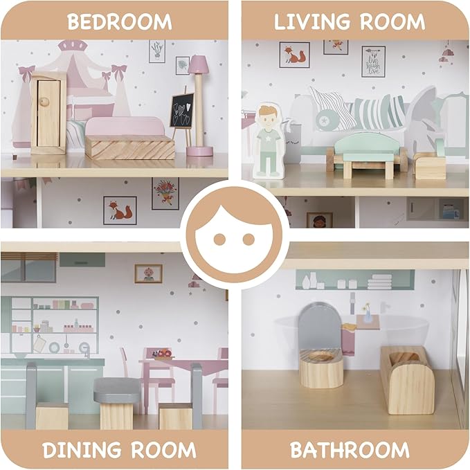 Wooden Dream Playhouse with Balcony, Doll House for Kids with Furniture, DIY Pretend Dolls Play House Toy, Girls Dollhouses Toys with 12 PCS Accessories, Birthday Gifts for Boys & Girls Ages 3+