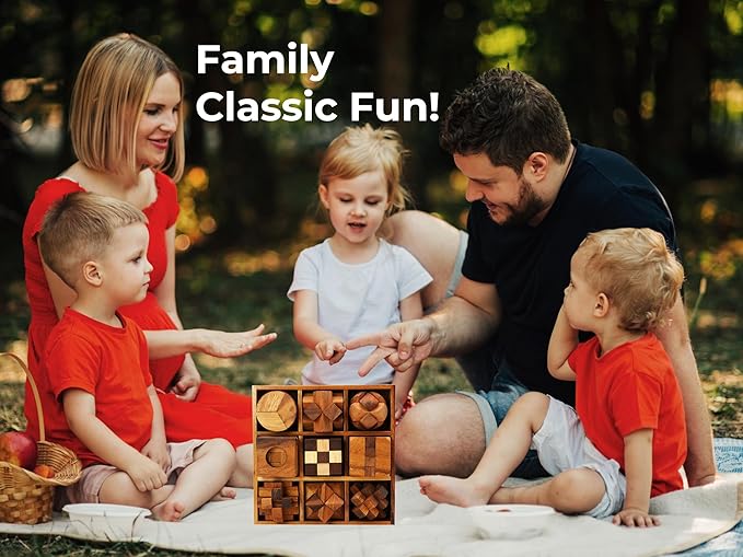 BSIRI 9 in 1 Wooden Brain Teaser Puzzles for Adults Teens and Kids Box Set for All Ages Wood Hard Level 10 Impossible Mind Games 3D Puzzle Sets for Decoration and Mini Toys.