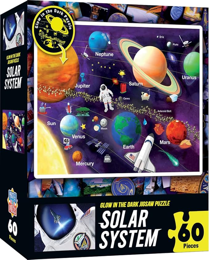 MasterPieces 60 Piece Glow in The Dark Jigsaw Puzzle for Kids - Solar System - 16.5"x12.75"