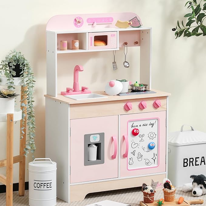 SainSmart Jr. Wooden Play Kitchen for Kids - Premium Toddler Pretend Play Cooking Set - Includes Stove, Refrigerator, and Accessories for Boys and Girls