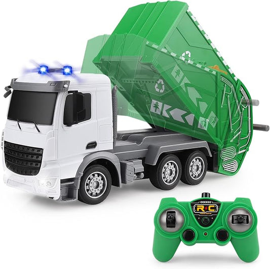 2.4Ghz Remote Control Garbage Truck Toy With Trash Bin and Real Lights - 1/24 Scale 6 Channel Rechargeable RC Recycling Truck Gift for Boys and Kids