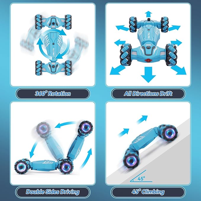 Dysaim Gesture Sensing RC Stunt Car, Cool Birthday Gifts for Boys Ages 6-12 Toys, 4WD Remote Control Car 360° Rotate Transform Drift RC Cars with Lights Music Sprayer, 2.4Ghz Hand Controlled