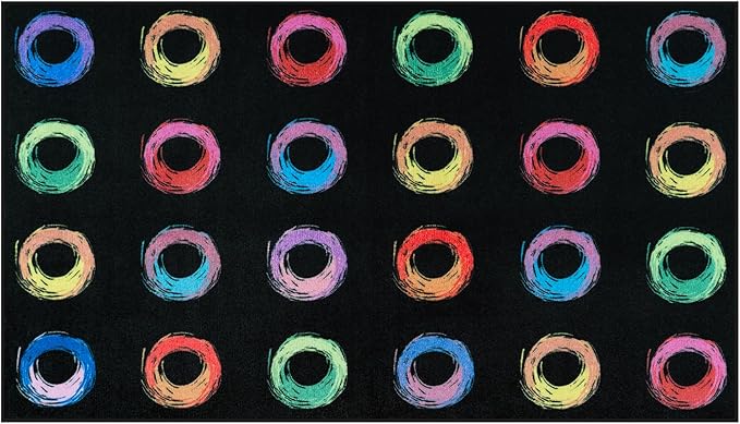 STARUIA Big Classroom Rug Educational Area Rug for Kids Room, 7.5x13 Abstract Black Carpet with Colorful Handpainted Circles, Stain-Resistant High-Traffic Kids Playroom Rugs for Elementary