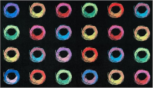 STARUIA Big Classroom Rug Educational Area Rug for Kids Room, 7.5x13 Abstract Black Carpet with Colorful Handpainted Circles, Stain-Resistant High-Traffic Kids Playroom Rugs for Elementary